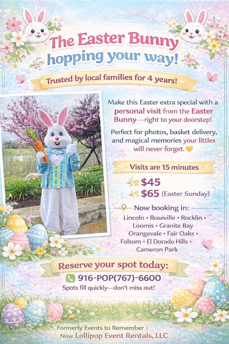 Lollipop Event Rentals Easter Bunny visit flyer showing bunny photos, visit pricing, and service areas