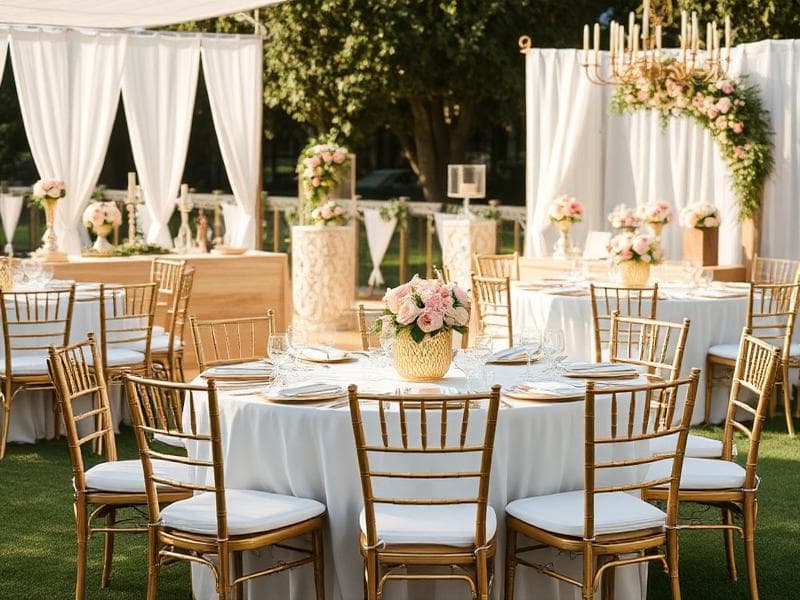 Stylish table and chair rental setup with dessert display from Lollipop Event Rentals