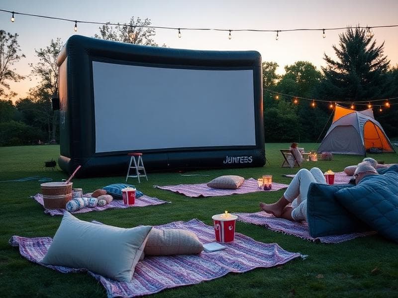 Outdoor backyard movie night setup with screen and projector from Lollipop Event Rentals