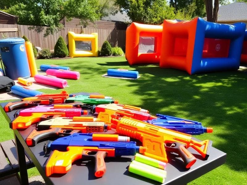Kids having a nerf war at a birthday party set up by Lollipop Event Rentals