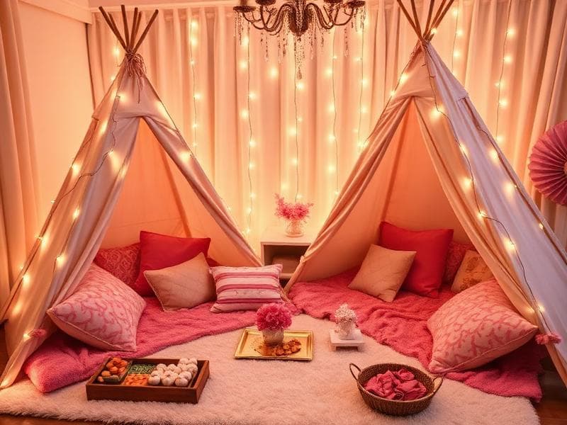 Sleepover tent party setup with fairy lights and cozy bedding from Lollipop Event Rentals