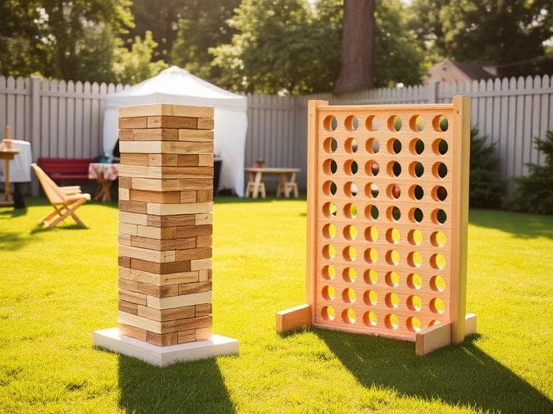 Giant Jenga and cornhole yard game rentals from Lollipop Event Rentals at a backyard event